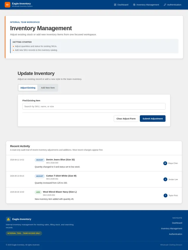 Page for managing inventory