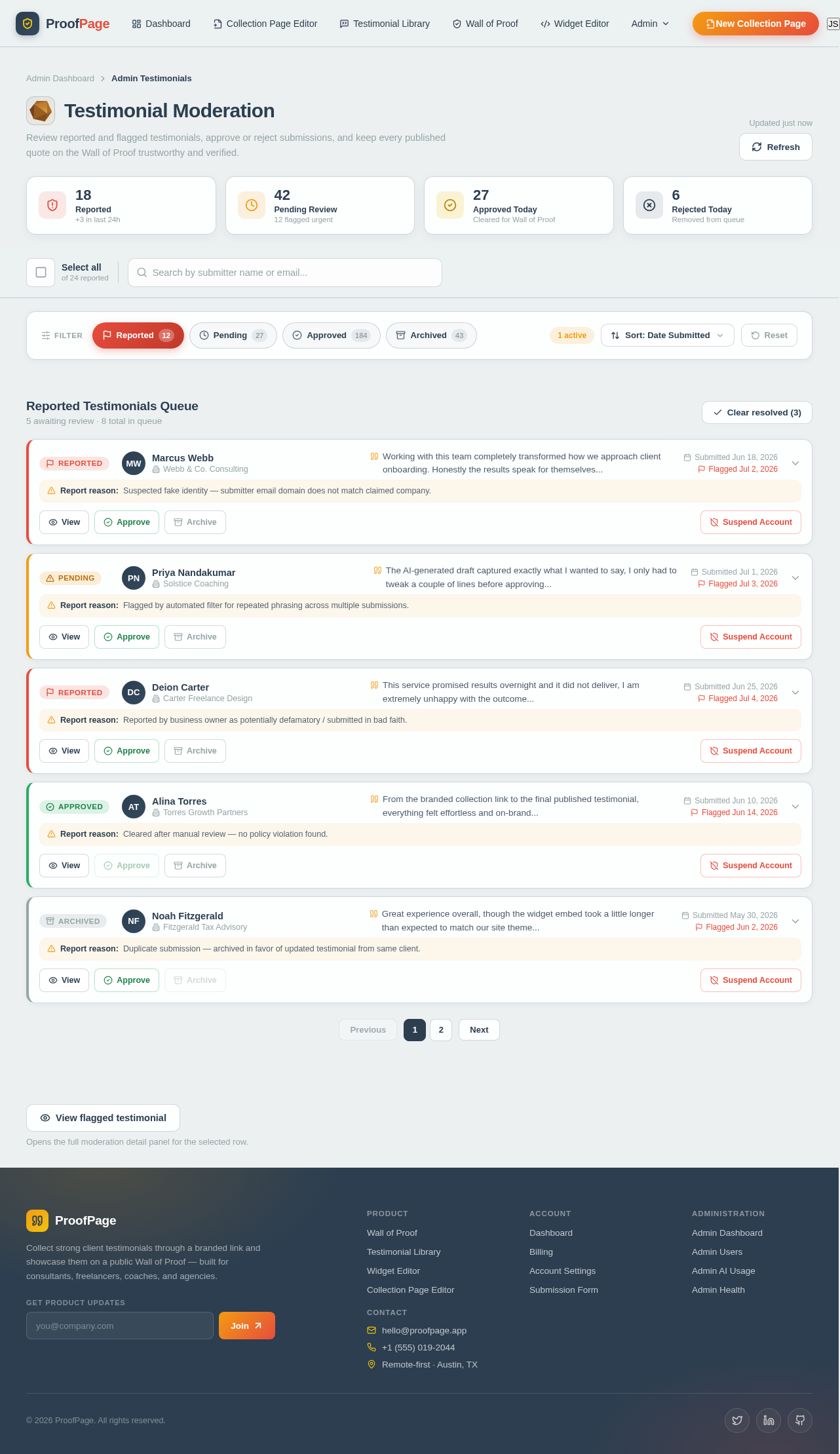 Admin Testimonials design preview