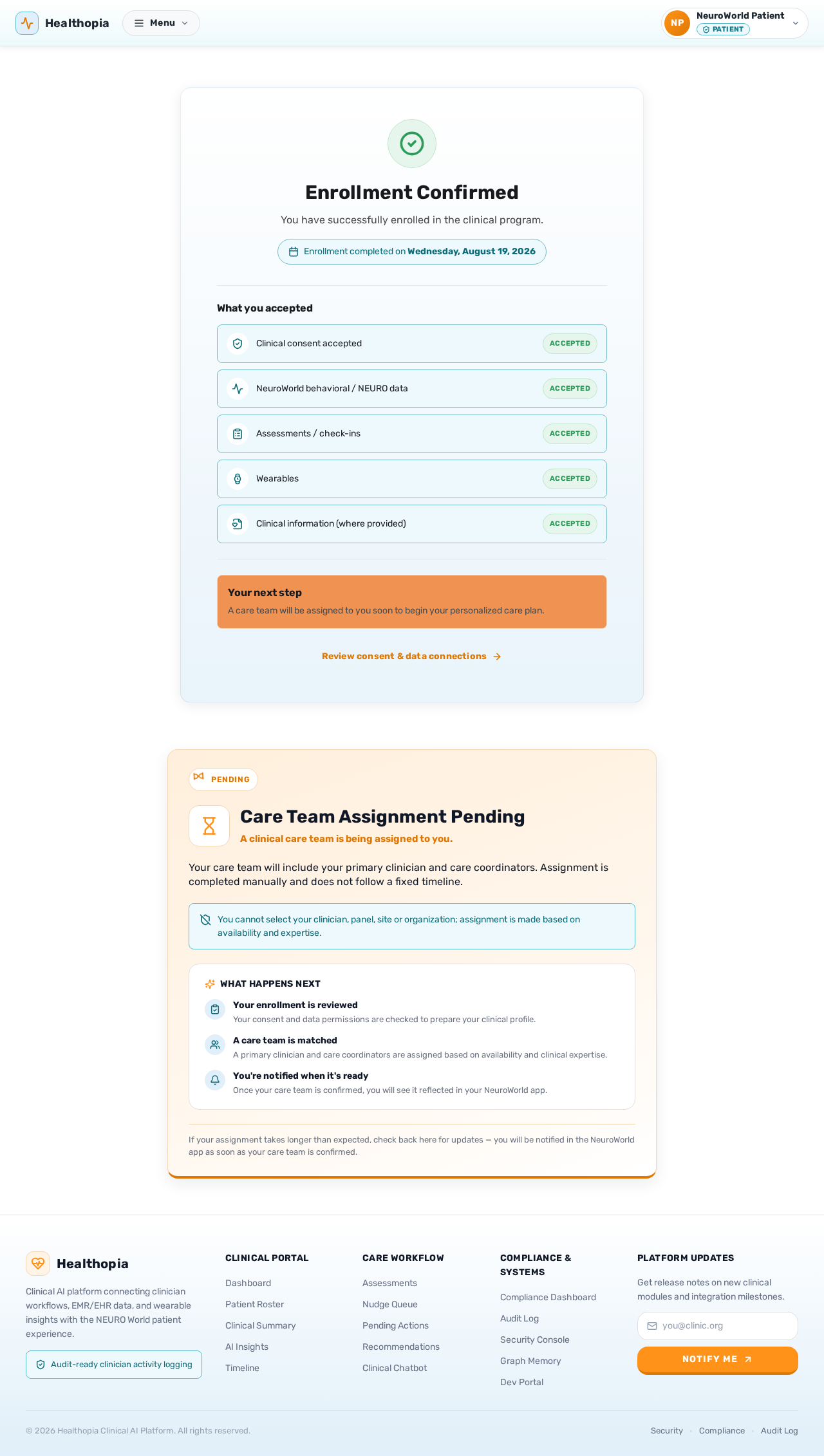NeuroWorld Enrollment Confirmation design preview