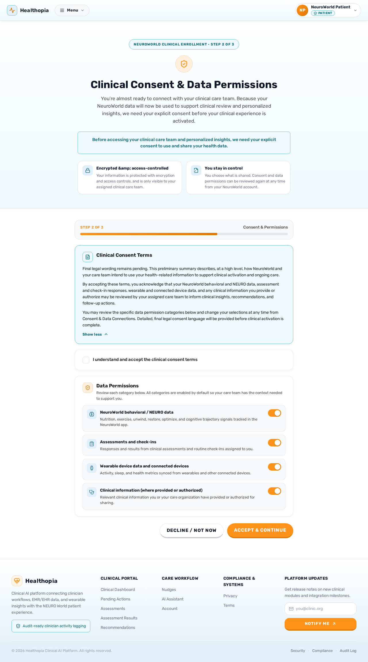 NeuroWorld Clinical Consent & Data Permissions design preview