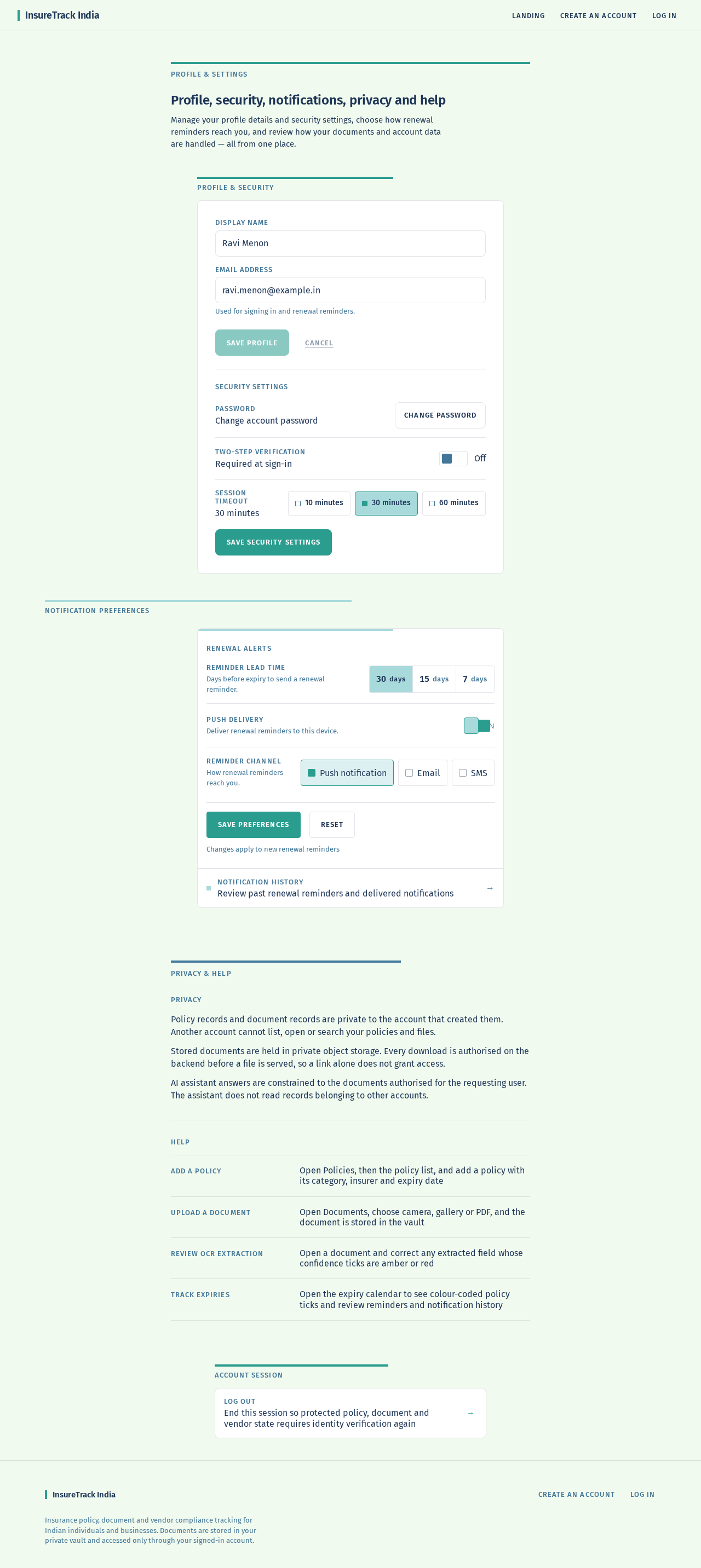 User profile, security settings, notification preferences, privacy, and help design preview