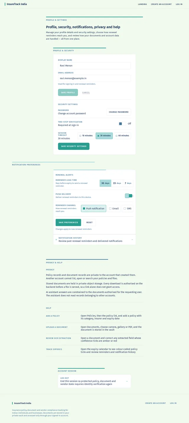 User profile, security settings, notification preferences, privacy, and help