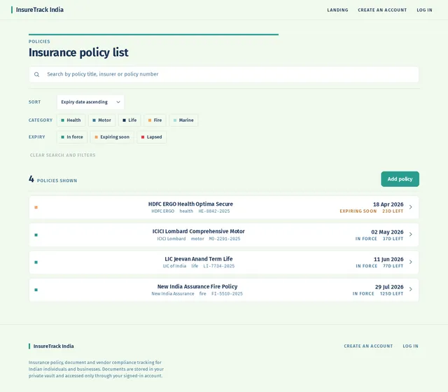 Insurance policy list