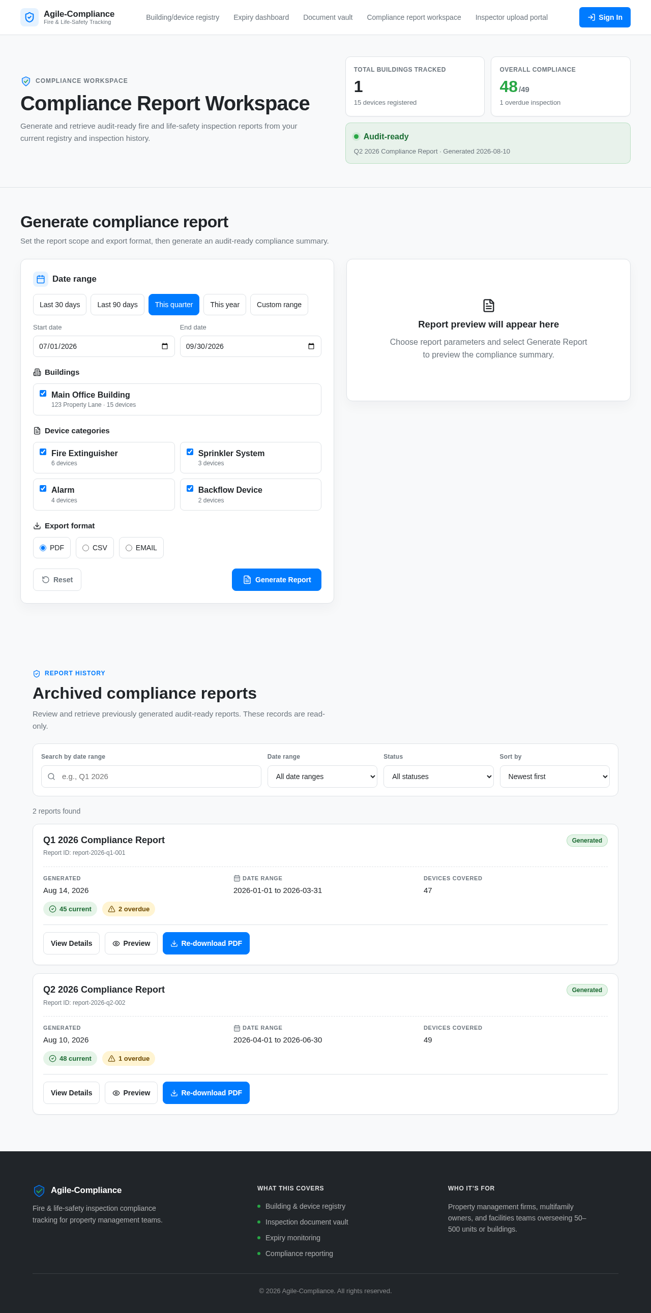 Compliance report workspace design preview