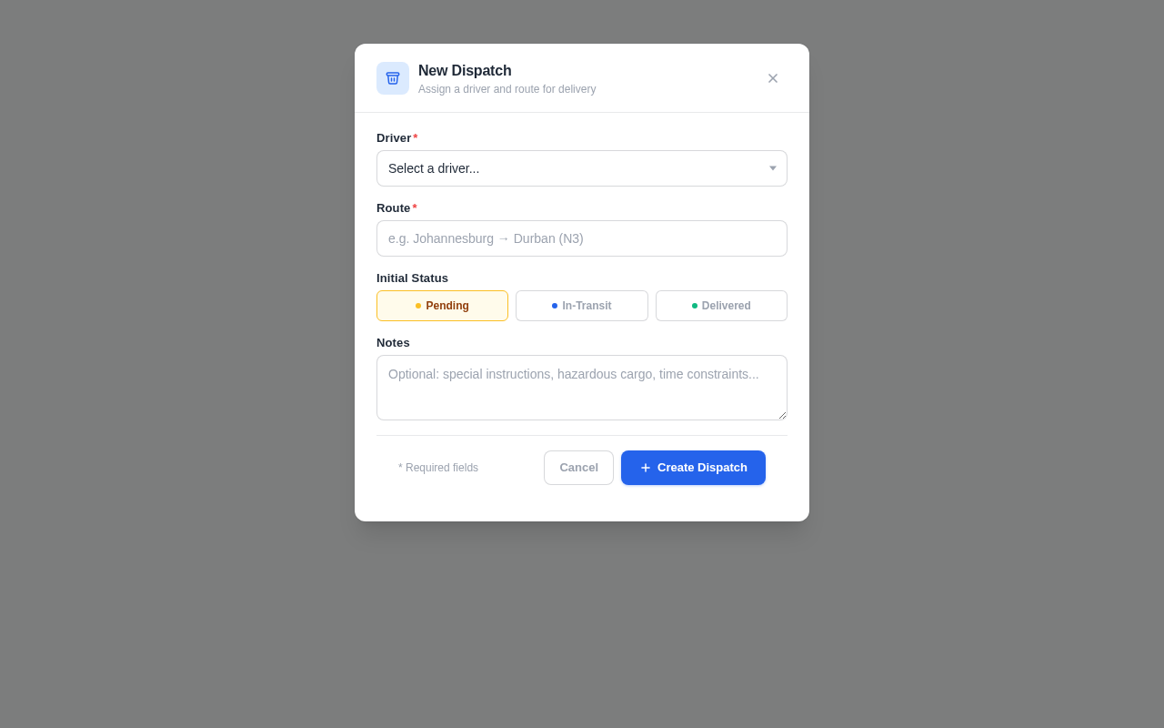 Dispatch Modal design preview