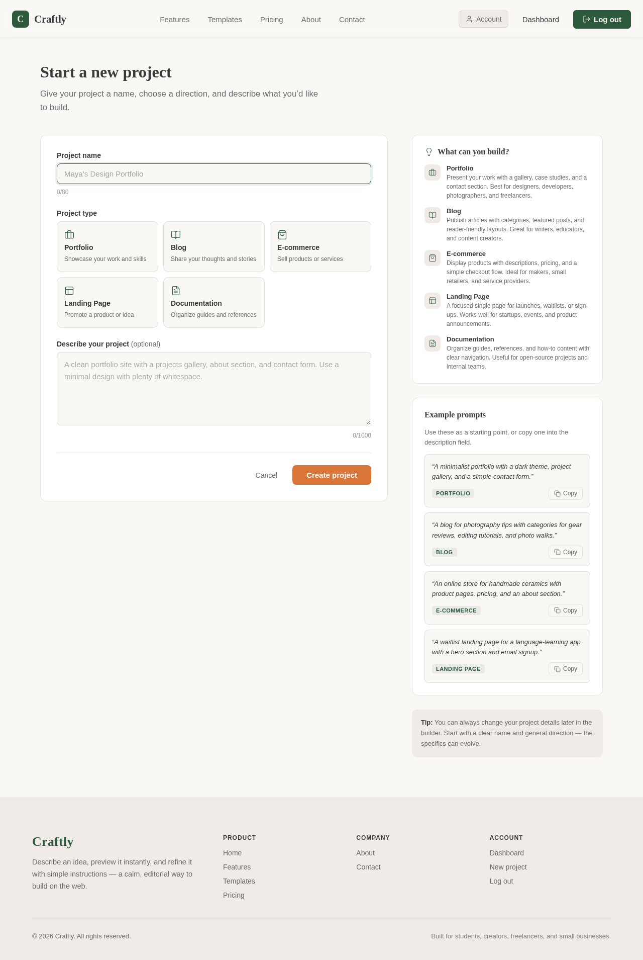 New project screen design preview