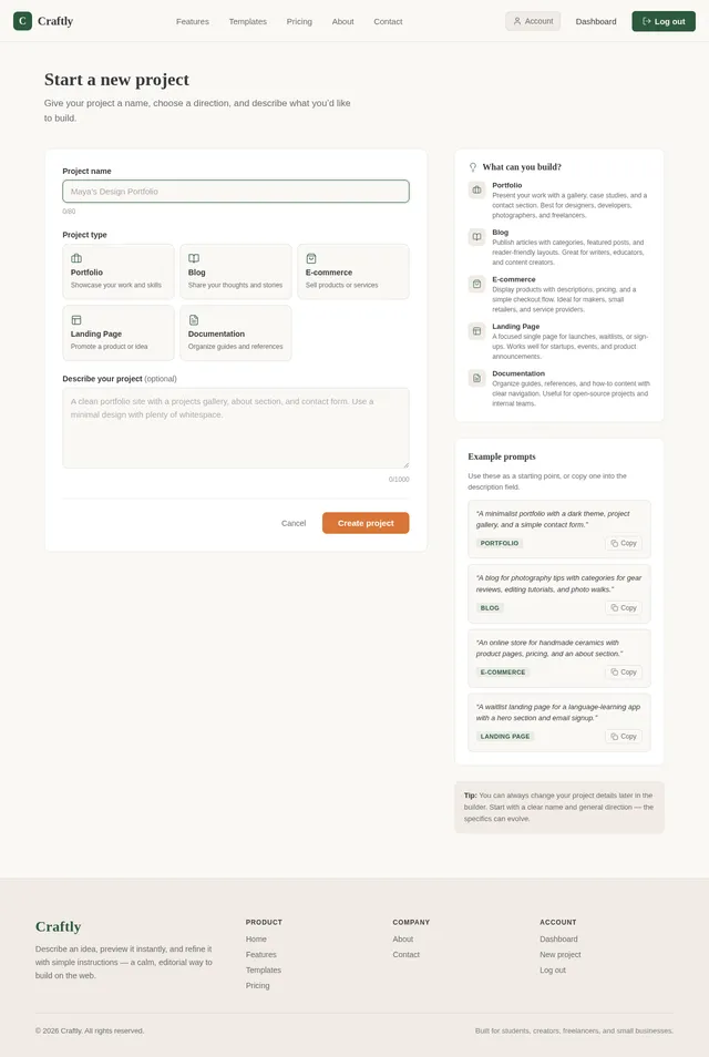 New project screen