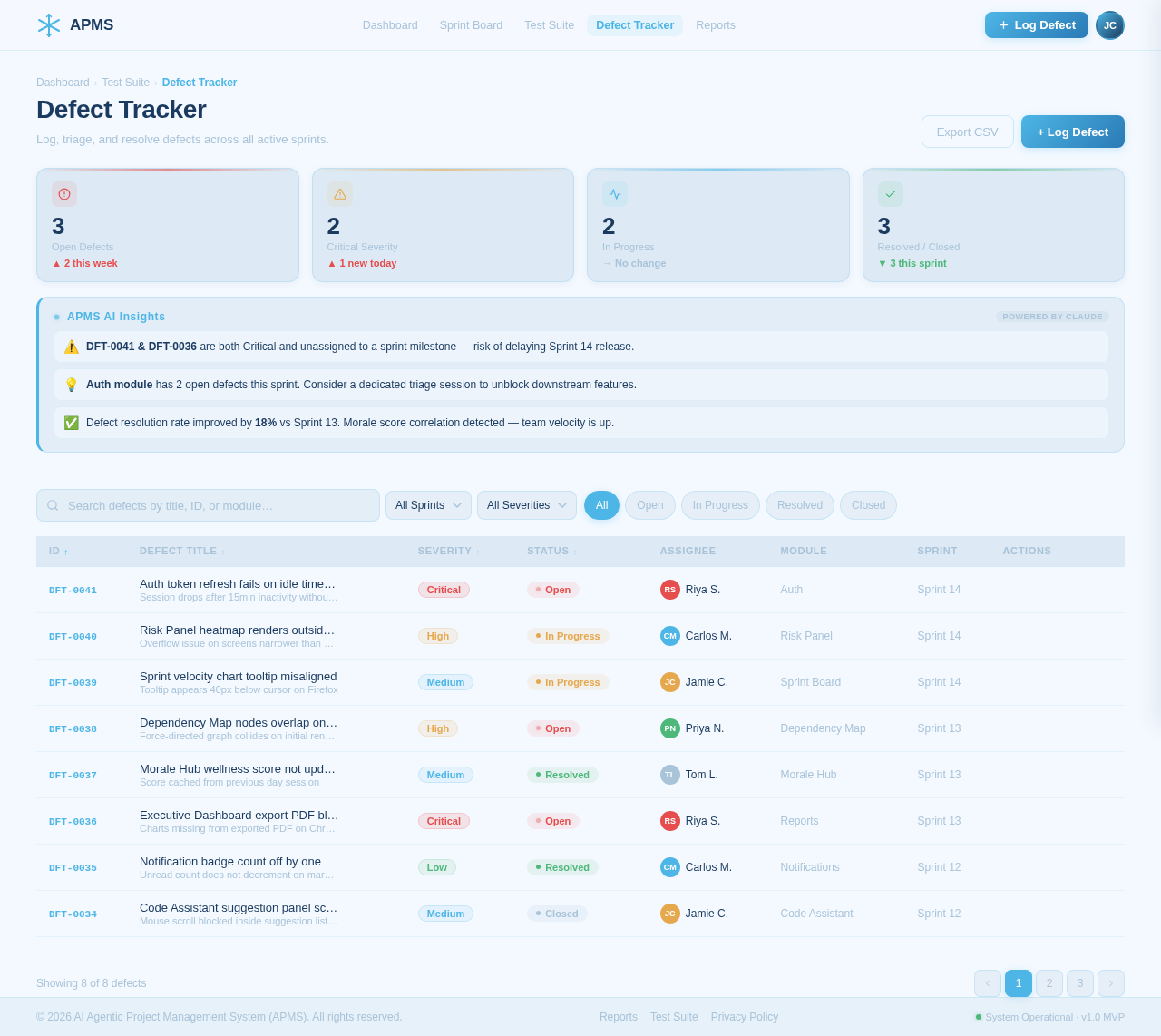 Defect Tracker design preview