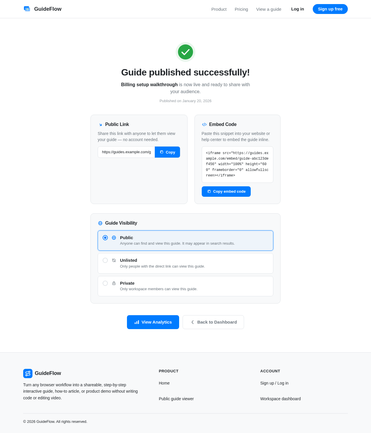 Publish success screen design preview
