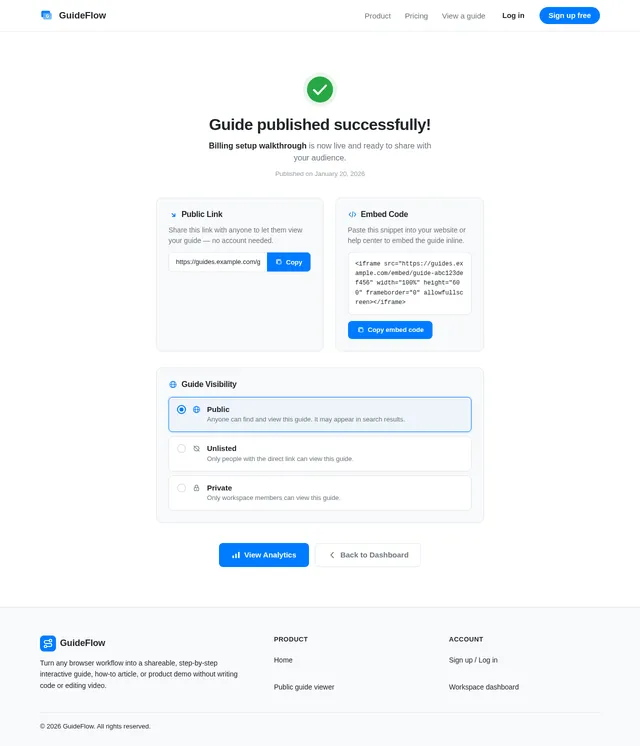 Publish success screen