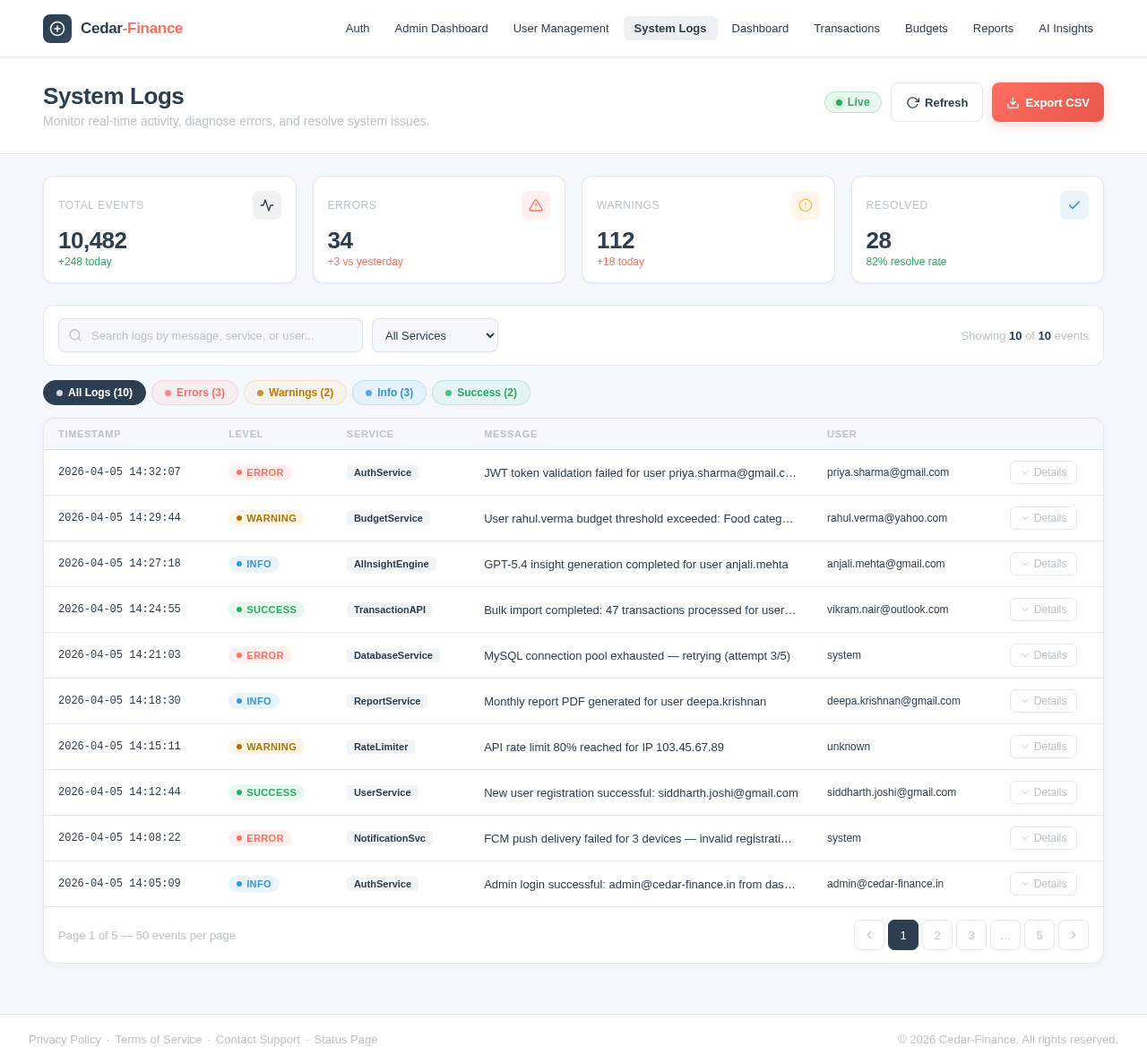 System Logs design preview