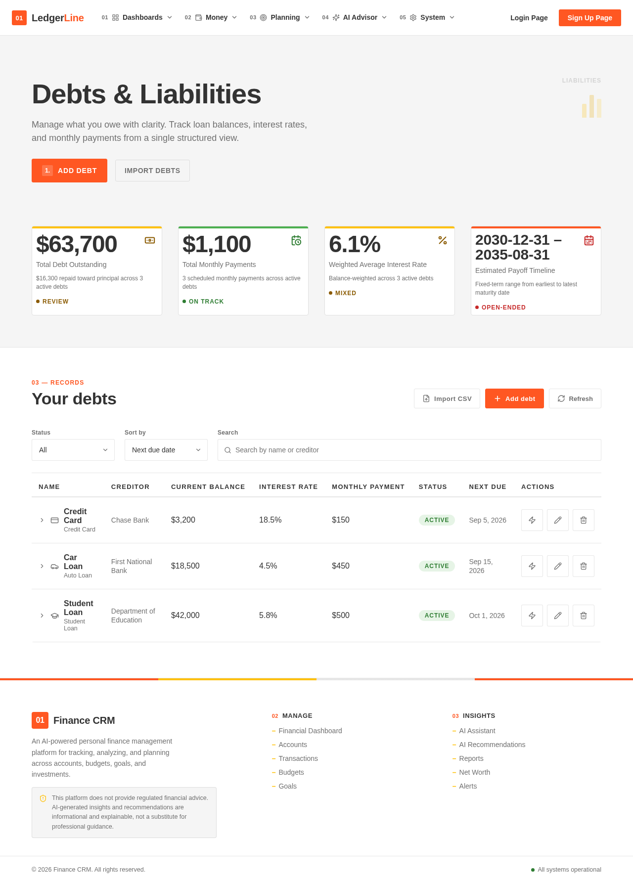 Debts Page design preview